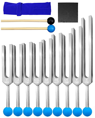 Stimmgabel-Set, 9-teilig, Stimmgabeln mit Reflexhammer für DNA-Heilung, Chakra-Soundtherapie, für Buddhisten, Yogalehrer, Klangheiler (174 Hz, 285 Hz, 396 Hz, 417 Hz, 528 Hz, 639 Hz usw.)