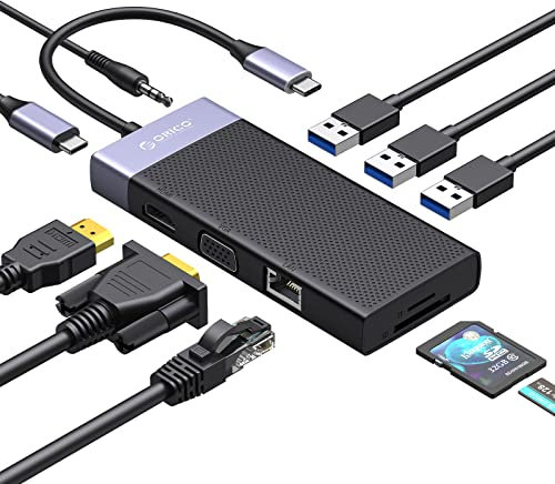 USB C Docking Station Dual Monitor, ORICO 10 in 1 USB-C HDMI Extention Type C Multiple Adapter with 4K HDMI, VGA, PD 87W, SD/TF Card Reader, Ethernet, 3 USB Port, Audio Compatible for Windows and Mac