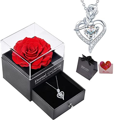Preserved Real Rose with Sterling Silver Necklace 925 Silver Rose Pendant Necklace with Eternal Rose Box Gift for Mum Wife Girlfriend on Mothers Day Valentines Day Christmas Birthday Gifts for Women