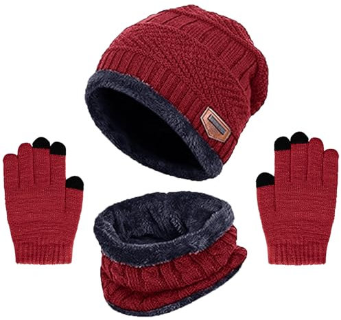 Wintermütze Kinder Schal Handschuhe 3PCs Fleece Gefüttert Beanie Strickmützen Warmem Mütze, Schal & Touchscree Handschuhe-Sets Verdicken Fleece Thermisch für Jungen Mädchen, Weinrot