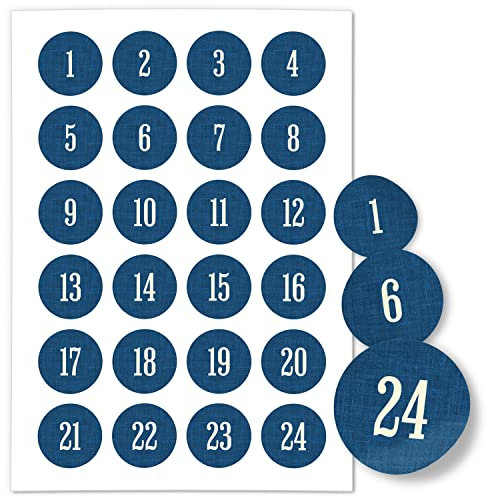 Adventskalender-Zahlen Aufkleber 1 bis 24 / Schlicht auf Blau/Etiketten/Sticker/Weihnachtskalender/Advent/Rund/DIY/zum Aufkleben