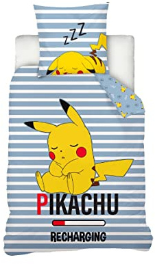 POKEMON - Housse De Couette Pokémon Pikachu Dodo 140x200 cm + Taie D'oreiller Pikachu 63x63 cm - Bleu - 100% Coton