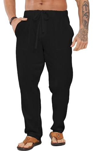 LVCBL Herrenhose Leinen mit Kordelzug Freizeitkleidung Schwarz 2XL