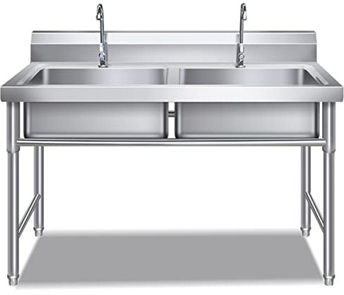 REOTEL Fregadero Cocina 2 Senos Fregadero de Cocina Comercial Fregadero de Acero Inoxidable Fácil de Limpiar Fregadero Exterior Para Bar Camping Jardin Lavandería Garaje,100×60×80cm
