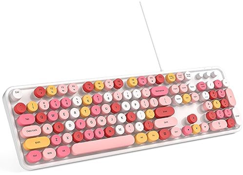 MOWUX Clavier d'ordinateur filaire, Plug and Play, clavier rond rétro USB pour machine à écrire, clavier filaire pleine taille avec supports pliables pour ordinateur portable et PC de bureau - Blanc