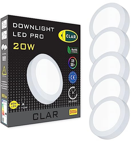 CLAR - Downlight LED Techo Superficie 20W, Plafón de Techo para Cocina o Baño, Luz Blanca Neutra 4000K, Lámpara de Techo (Pack 5)