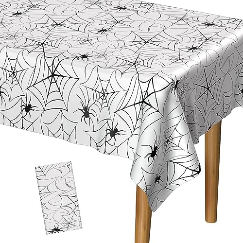 PLULON Halloween Tablecloth 137x 274cm Spider Web Plastic Table Cloth Happy Halloween Table Cover for Holiday Dinner Table Decorations Halloween Party Supplies