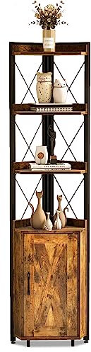 HOMASIS 180 cm Eckregal mit 4 Ebenen & Schrank, Holzregal in industrielles Design, Standregal Aufbewahrungsregal Bücherregal für Wohnzimmer, Arbeitszimmer, Schlafzimmer, 32x32x180cm (Vintage Braun)