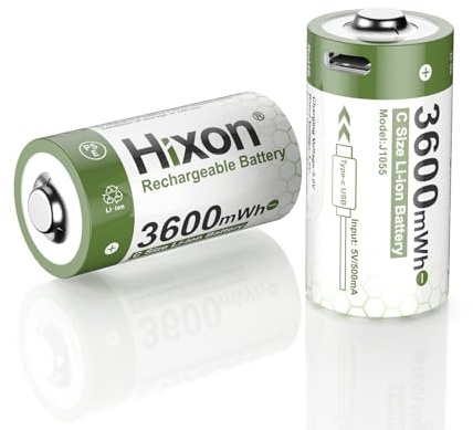 Hixon Wiederaufladbare Lithium C Akku, 2 Pack 3600mWh Wiederaufladbarer Lithium C Batterien, 1,5V Li-Ion C Akku mit 2-in-1 USB-C-Ladekabel für Taschenlampe und Flutlicht