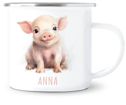 Schwein Emaille Tasse Kinder Trinkbecher personalisierte Kindertasse mit Namen süßer Kinderbecher für Mädchen & Jungen Geschenk Emaille Becher 300 ml