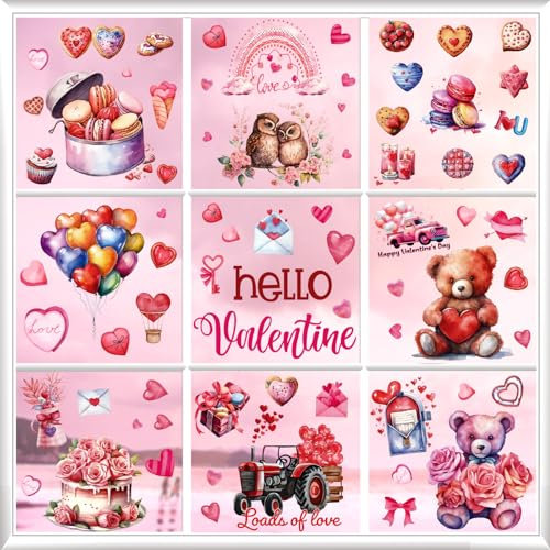 9 Bögen Valentinstag-Fensterdekorationen, Herz-Eule, Bär, Auto-Glasdekorationen für Valentinstag, Fensteraufkleber, Hochzeitstag, Party-Dekorationen