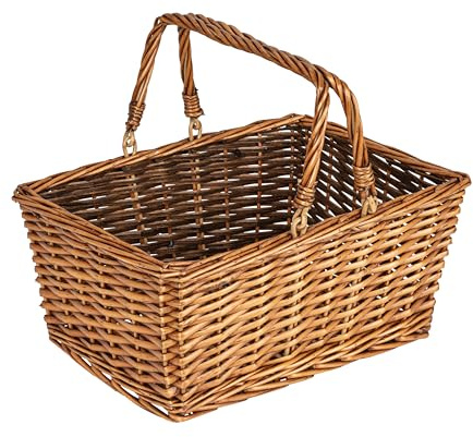 Household Essentials Woven Market Basket, Handwoven Willow Weave, Stylish Handles with Durable Metal Anchors, Classic and Versatile, Attractive, Spacious, Lightweight, Brown Stain