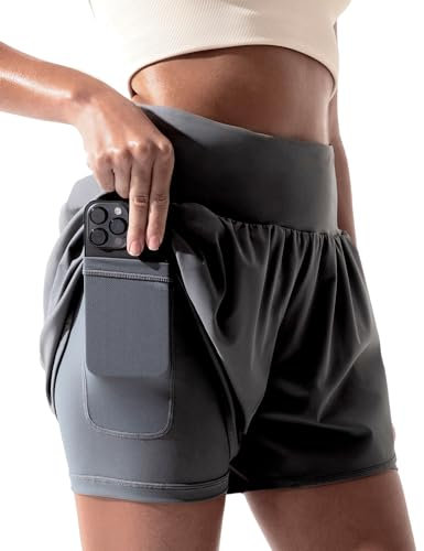 BebreezChic Damen Sporthose Kurz Sommer Hohe Taille Sport Shorts mit Tasche Fitness Running Yoga Jogging Training Beiläufige Kurze Hose