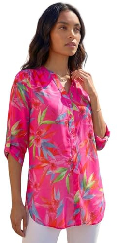 Roman Originals Shirt Top for Women UK Ladies Collarless Blouse Smart Tunic Button Through Longline Asymmetric Hem 3/4 Length Roll Up Sleeves V Neck Going Out - Size 14 - Cerise Multicoloured