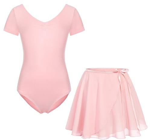 FONLAM Mädchen Ballettkleid Balletttrikot Kurzarm Tanzkleid Tanzbody Turnanzug Ballettrock Tutu Kinder Ballettanzug Baumwolle (9-10 Jahre, Rosa)