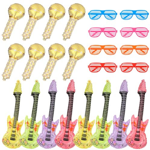 24Pcs Inflatable Guitar, Microphone, Party Props - Colored Glasses, Balloon Decoration for Kids & Adults