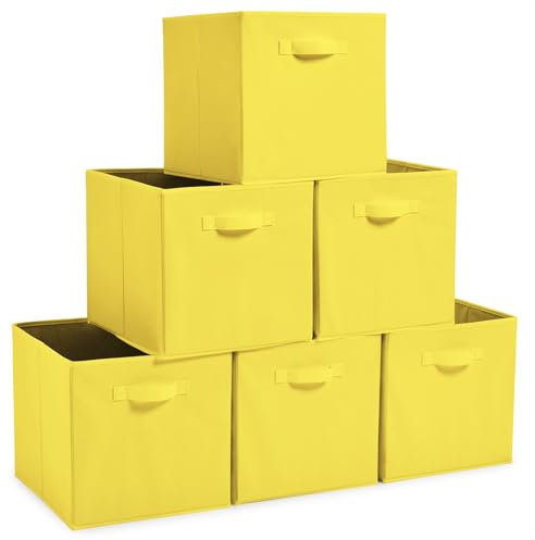 EZOWare Set of 6 Foldable Fabric Basket Bins, 33x37x33cm Collapsible Storage Organizer Cube with Handle for Clothes Nursery Baby Kid Room - Yellow
