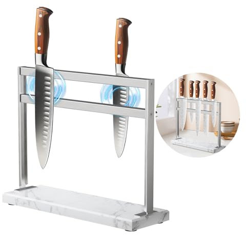 HomeSimplex Magnetic Knife Block Stand - Marble Base Magnetic Knife Holder for Counter Top - Double Sided Knife Block without Knives - Stainless Steel Magnetic Kitchen knife holder - White
