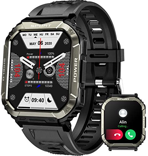 JELLOO Smart Watch militare da uomo (rispondere/effettuare chiamate) 1.8 pollici HD Full Touch Screen Smartwatch con cardiofrequenzimetro sonno contapassi IP67 impermeabile Sport Smart Watch per