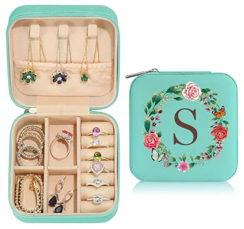 TINGN Personalisierte Mädchen Schmuckkästchen mit Initiale S Blume Kleine Schmuckkästchen Reisen Schmuckkästchen mit Spiegel für Damen Mädchen Geschenk für Geburtstage Weihnachten Muttertag Hochzeit