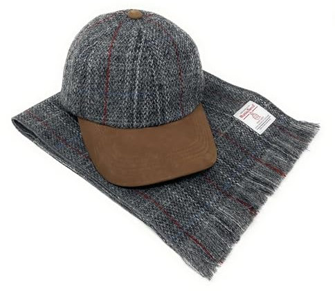 Scott and MacKenzie Harris Tweed Baseballmütze und Schal Set in grauem Schottenkaro, grau, One size