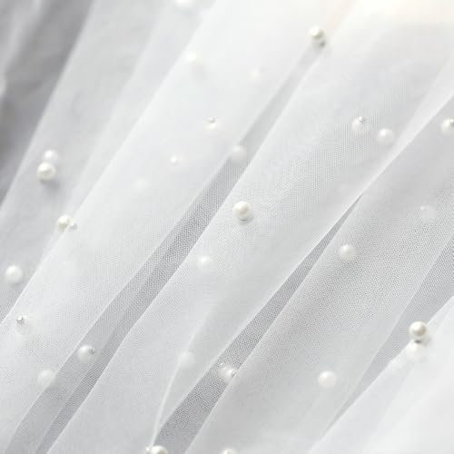 100cm x 160cm Creme Tüllstoff für Bekleidung & Deko,Perle Mash Stoffe zum Nähen Meterware,Hochzeitsstoff Tüll Dekostoff mit Perle für DIY Geburtstag Party Deko Tüll Stoffe Hochzeit Schleier