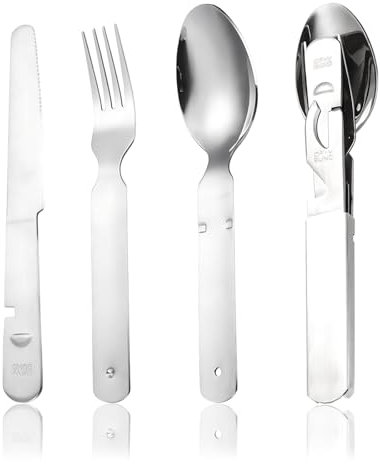 Edelstahl Campingbesteck 4-teilig, Klassisches Bundeswehr Essbesteck Set, Praktischem Outdoor Reisebesteck, Zusammensteckbar, mit Messer, Gabel, Löffel und Dosenöffner