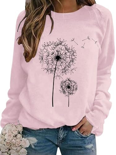 Dresswel Damen Löwenzahn Sweatshirt Langarmshirt Pusteblume Drucken Pullover Herbst Winter Bluse Tops Oberteile(Hellrosa, M)