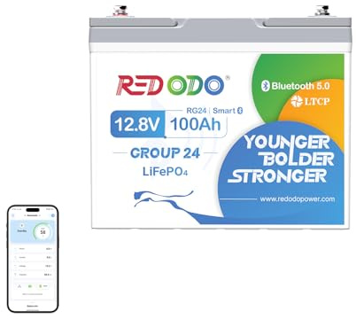 Redodo Batteria Litio 12V 100Ah Group24 con Bluetooth, Basse Temperature | BMS 100A, 1280Wh, IP65 Impermeabile, 4000 Cicli, 10 Anni Durata, 4P4S per Camper, Campeggio, Barche, Motore di Pesca(20-70Ib)