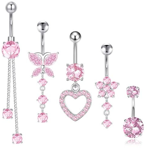 5 Stück Bauchnabelpiercing, 14G Edelstahl, Rosa Lang, Dangle Schmuck, Schmetterling Blume Anhänger für Frauen