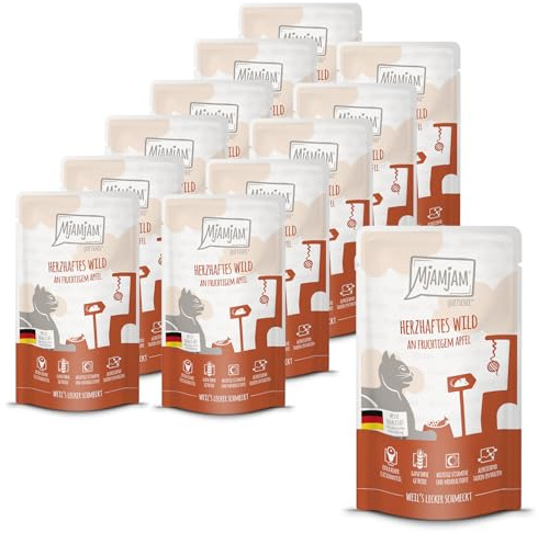 MjAMjAM - Premium Nassfutter für Katzen - Quetschie - herzhaftes Wild an fruchtigem Apfel, 12er Pack (12x125g), getreidefrei