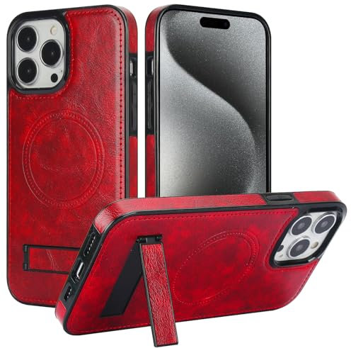 ZHOZEXIN Magnetic PU Leather Case for iPhone 15 pro max,[Compatible with Magsafe］,Wireless Charging,Hidden Bracket,Strong Magnetic Protective Phone Cover Case for iPhone 15 pro max (Red)