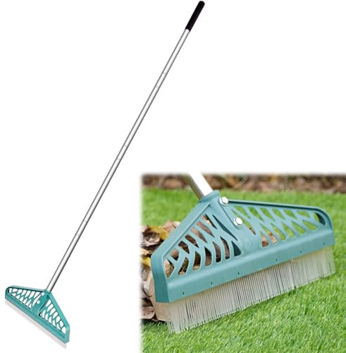Rastrello per erba artificiale, rastrello per erba artificiale con manico regolabile in acciaio da 81 a 150 cm, rastrello per tappeti resistente, spazzola per erba artificiale, peli di animali