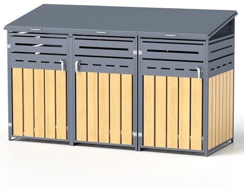 Mülltonnenbox für 3 Mülltonnen von 120-240 Litern, aus verzinktem Stahl in Anthrazit, abschließbare Gartenbox, Tonnenhaus, Müllbox mit schrägem Dach.