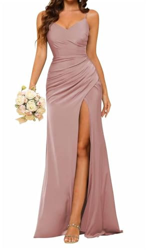 HPPEE Robe de demoiselle d'honneur en satin pour femme avec ouverture plissée, bretelles fines, col en V, robe de soirée longue, Rose poudré, 46