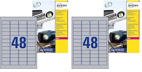 AVERY Zweckform L6009-20 Typenschild Folienetiketten (960 Aufkleber, 45,7x21,2mm auf A4, stark selbstklebend, strapazierfähig, wetterfest, bedruckbare Klebefolie, blanko) 20 Blatt, silber