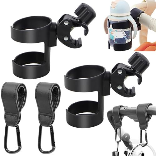 BIZOI Getränkehalter Kinderwagen, Kinderwagen Kaffeebecherhalter, 360° Becherhalter für Buggy, getränkehalter Kinderwagen mit 2 Haken, Kaffeebecherhalter Rollator für Trolleys Mountainbikes Rollstuhl