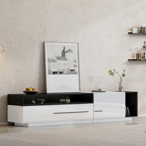 LERFAN Armario de TV de alto brillo, mueble bajo, 170 cm, para televisores de hasta 70 pulgadas con cajón, puerta y compartimento abierto