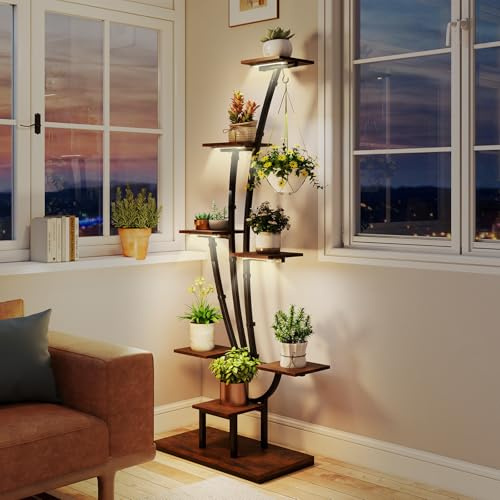 COSTWAY Pflanzenständer mit Wachstumslichtern, 8-stöckiges Pflanzenregal, Blumenständer Innenbereich, Blumentreppe aus Metall Holz, Blumenregal für Indoor Zuhause Garten Balkon (67 x 30 x 156 cm)