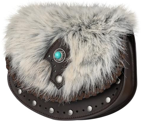 HiiFeuer Wikinger Gürteltasche mit Kunstpelz – Mittelalterliche Bauchtasche mit Türkisem Nordischem Design, Vintage Leder-Gürtelbeutel für LARP & Cosplay (Braun A)