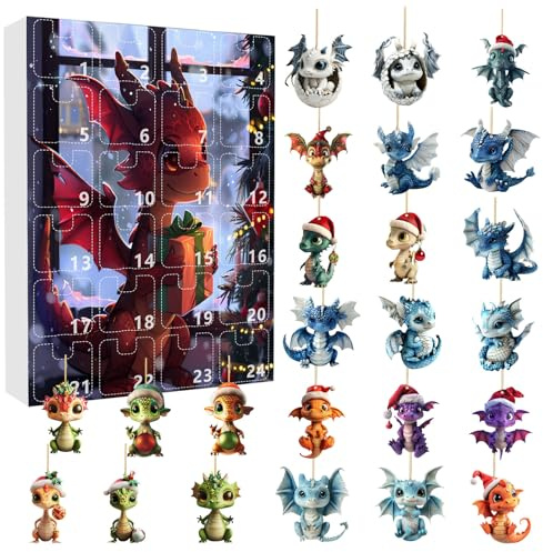 Dragon Adventskalender, 24 Tage Weihnachten Countdown, 2D Acryl Drachen Ornamente Hängeanhänger, Weihnachtsbaum Dekoration, Drachen Countdown Kalender Geschenke Für Kinder (Multicolor-B)