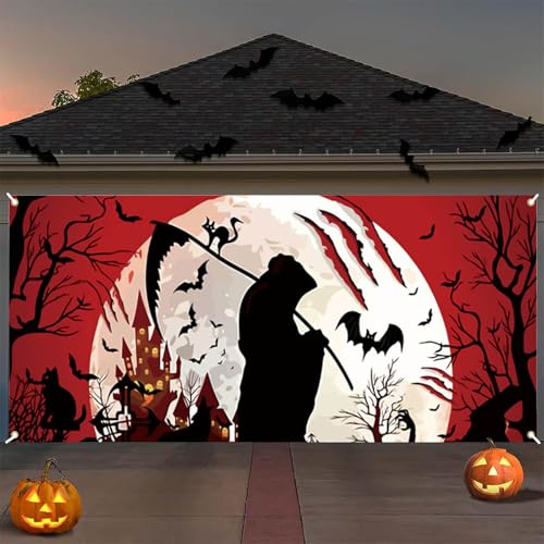 Halloween Außendeko Banner 480x210 cm - Furchterregende Deko für Zaun, Tor und Garagenwand - PVC Material mit Wetterfesten Eigenschaften - Drinnen Draußen Deko Halloween Booth Hintergrund Zeichen