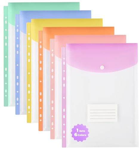 SUIN A4 Plastic Wallets with Popper, 11-Hole Punched Pockets for Ring Binders, Pastel Coloured Document Folders with Label Tag, Clear Document Wallets Plastic Folders A4 Size (6 Pack)