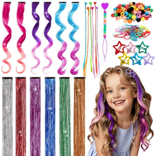 Haarschmuck-Set: 10-farbige Locken-Haarsträhnen mit Clips,6 Stern-Haarspangen,6 Zopf-Extensions, 1 Set DIY-Haarperlen,6-farbige Haarlametta