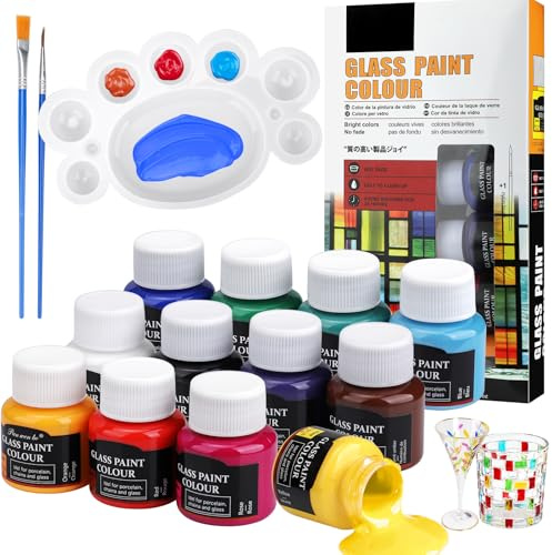 Teokantz 12 Colors Stained Glass Paint Set, 25ml Waterproof Acrylic Enamel & Ceramic Glass Painting Kit for Arts on Transparent Wine Glasses Jars Windows,with 2 Brushes & 1 Palette