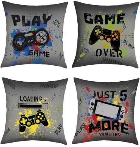 Joymaison Kissenbezüge 40x40 4er Set Videospiele Gaming Gamer Controller | Deko Kissenhülle Spielen Controller für Jungen Schlafzimmer Spielzimmer Dekorative Kissenbezug Kissen für Couch Sofa