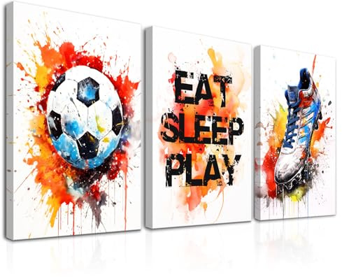 Dazzlewall 3 Stück Graffiti Fußball Wandbilder, Fußball Sneaker Bilder für Schlafzimmer Jugendzimmer Spielzimmer Deko 12x16 Zoll Mit Rahmen