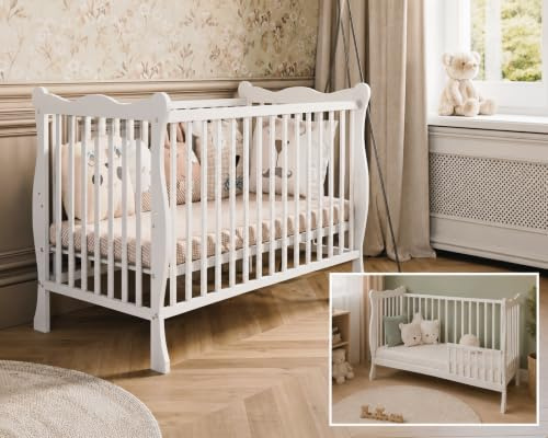 Bello4Baby Kinderbett 60x120 cm Julia, umbaubar zum Juniorbett, 3-Fach höhenverstellbar, 3 herausnehmbare Schlupfsprossen, aus Holz (Mit Umbauseite + Buchweizen-Kokos-Matratze)