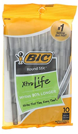 BIC Round Stic Xtra Life Ball Pen, Medium Point (1.0 mm), Black, 2 Packs (10 Count)