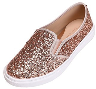 Feversole Women's Fashion Slip-On Trainer Casual Flat Loafers，Skater Pumps Trainers Sneakers Shoes Rose Gold Glitter Size 5
